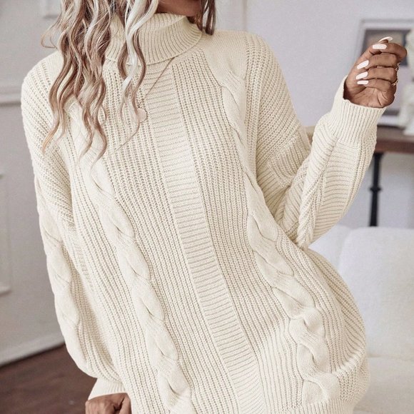 Beige Casual Womens Turtleneck Cable Knit Drop Shoulder Sweater Dress - Picture 5 of 5